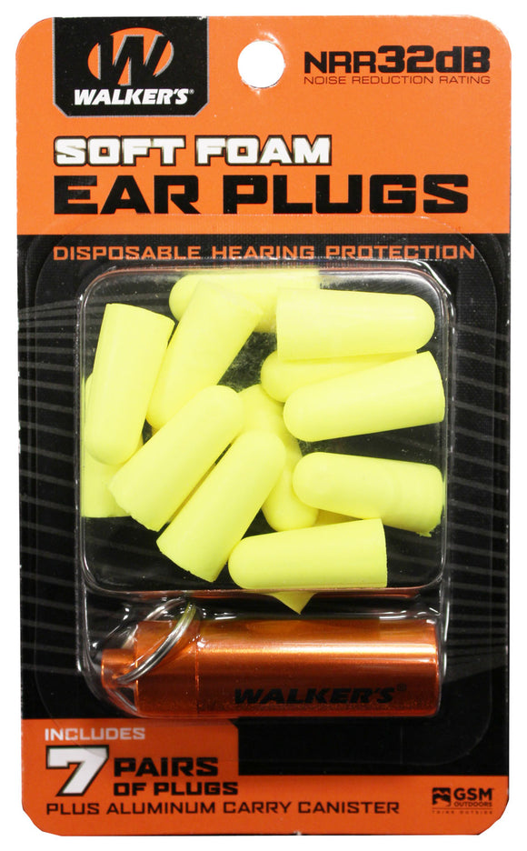 Walkers GWPPLGCANYL Foam Ear Plugs  32 dB Hi Vis Yellow with Orange Canister (7 Pair)