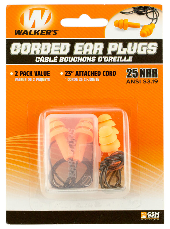 Walkers GWPEPCORD2PK Corded Foam Ear Plugs 33 dB Orange Ear Buds w/Black Cord 2 Per Pack